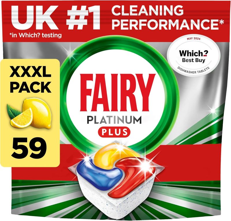 Fairy Platinum Plus All-In-1 Dishwasher Tablets Bulk, Fairy Dishwasher Tablets Platinum Plus, 59 Tablets, Lemon, XXL PACK, With Anti-Dull Technology & Rinse Aid Action