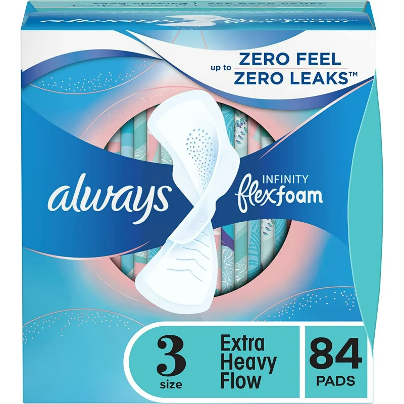Always Infinity Feminine Pads for Women, Size 3, Extra Heavy Flow, with wings, Unscented, 28 count x 3 Packs (84 count total)
