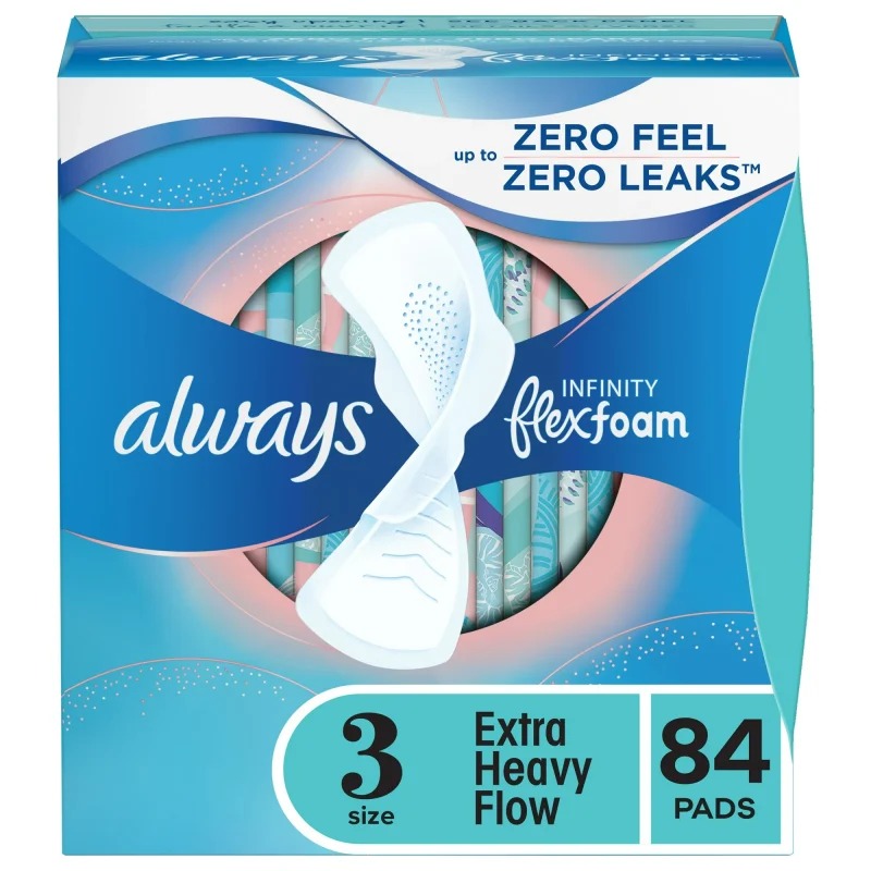 Always Infinity Feminine Pads for Women, Size 3, Extra Heavy Flow, with Wings, Unscented, 84 Ct