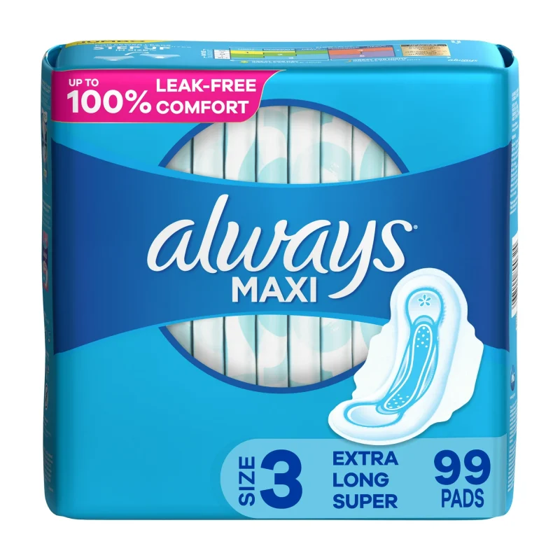 Always Maxi Daytime Pads with Wings, Size 3, Extra Long, Unscented, 99 Ct