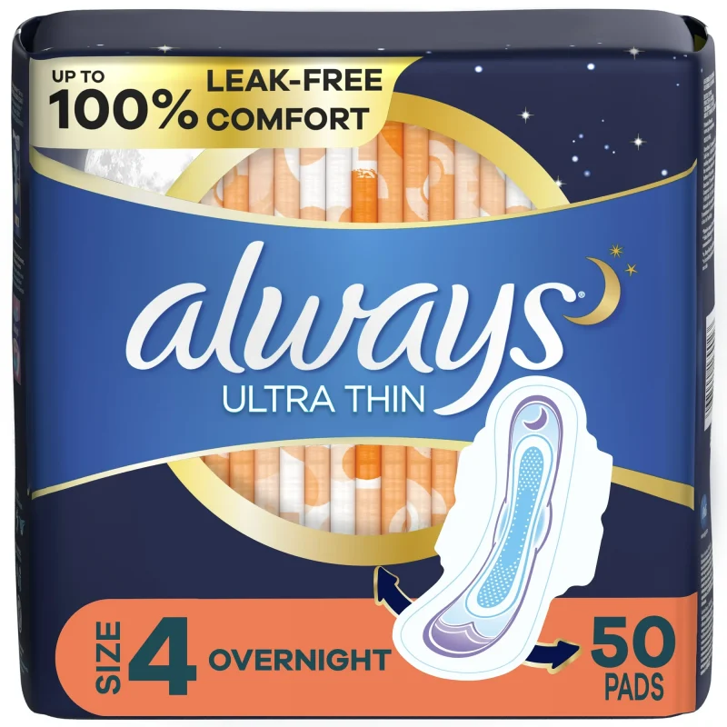 Always Ultra Thin Overnight Pads with Wings, Size 4, Overnight Absorbency, 50 CT