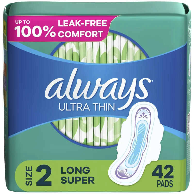 Always Ultra Thin Pads with Wings, Size 2, Long Super Absorbency, 42 Count