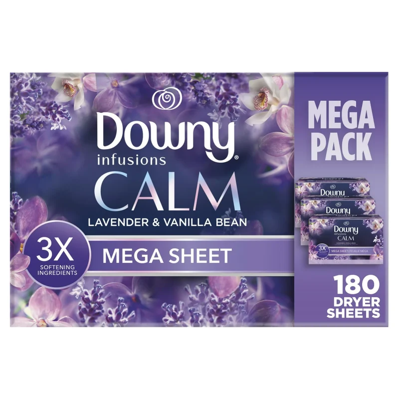 Downy Infusions Mega Dryer Sheets, Laundry Fabric Softener, Calm, Lavender And Vanilla Bean, 180 Count