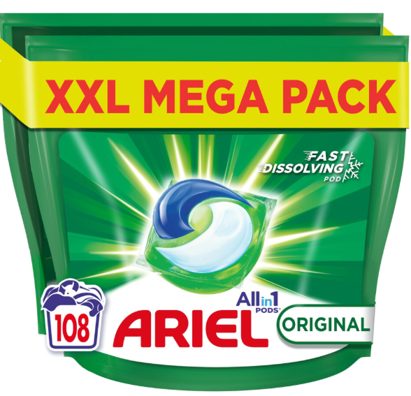 Ariel All-in-1 PODS Original Washing Liquid Laundry Detergent Tablets/Capsules, 108 Washes (54 x 2), Stain Remover For Clothes, Brilliant Cleaning
