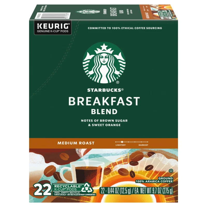 Starbucks Breakfast Blend, Medium Roast Coffee, Keurig K-Cup Single Serve Coffee Pods, 22 Count