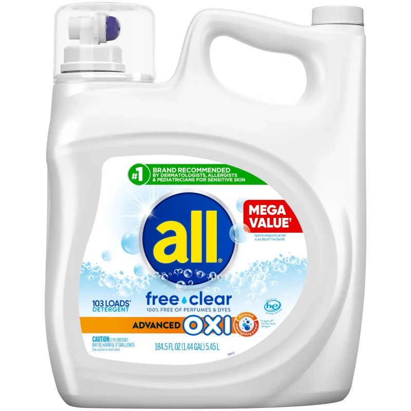 all Liquid Laundry Detergent with Advanced OXI Stain Removers and Whiteners, Free Clear, 184.5 Ounce, 103 Loads
