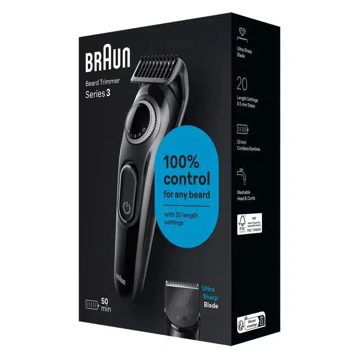 Braun Beard Trimmer 3 BT3400 With Precision Wheel, 2 styling tools, 50min runtime, grey