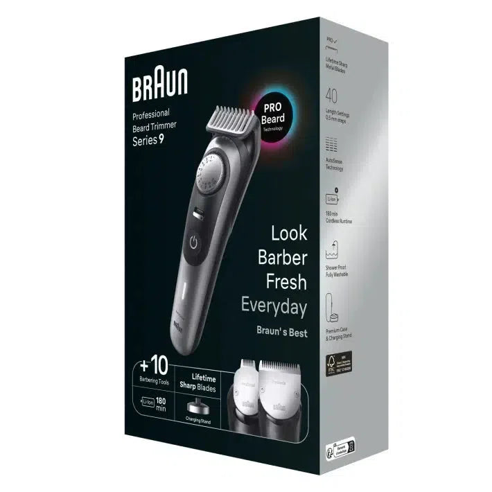 Braun Pro Beard Trimmer 9 BT9420 With ProBlade, ProWheel, Lock, 10 barbering tools, 180min runtime, grey