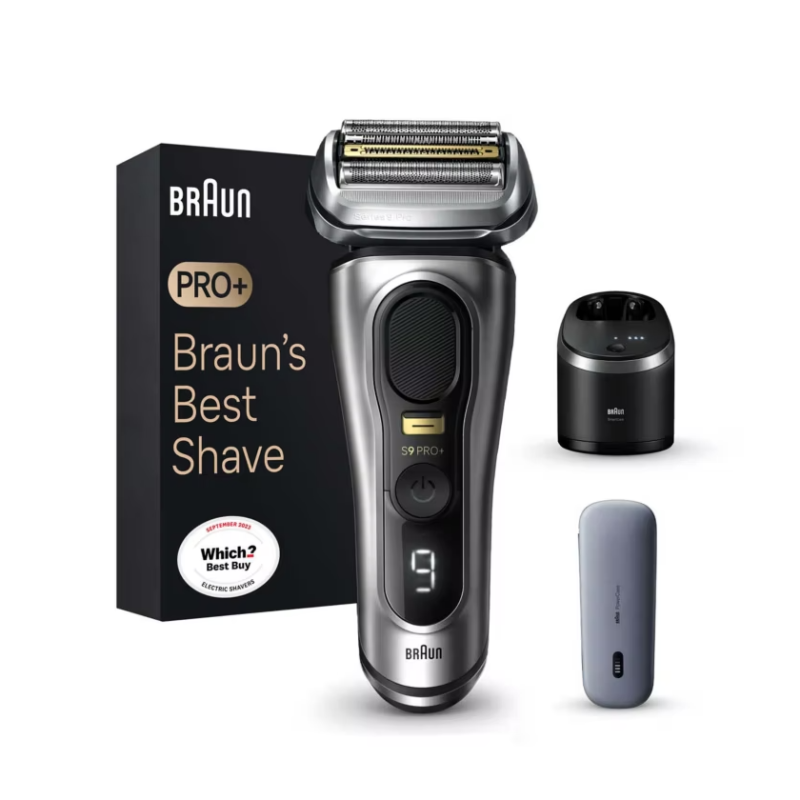 Braun Series 9 Pro+ 9477cc Wet & Dry Shaver with 5-in-1 SmartCare center and PowerCase, silver.