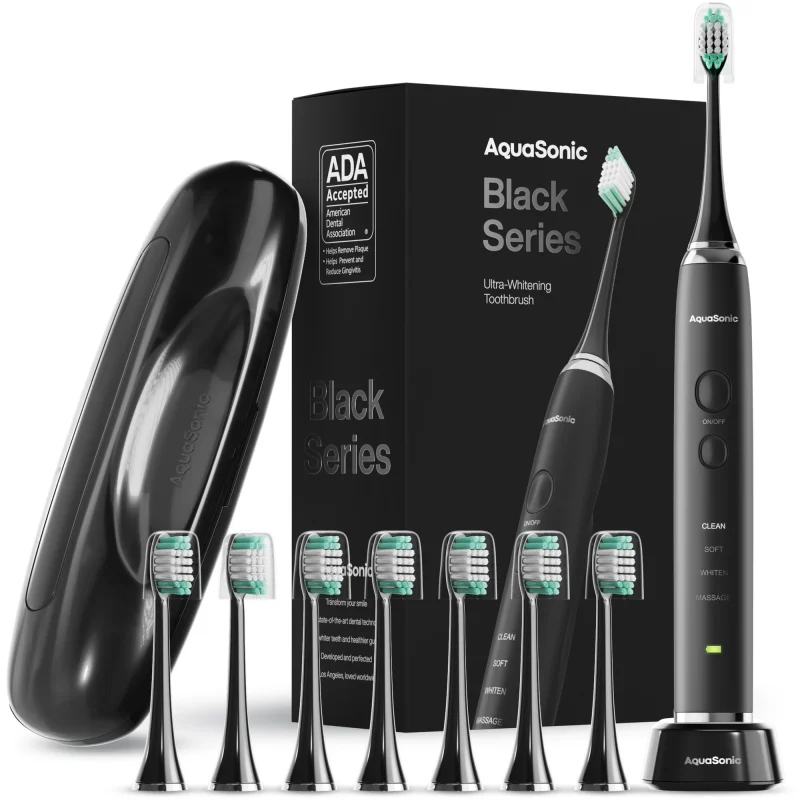 Aquasonic Premium Electric Toothbrush Set, Rechargeable, 4 Modes, Travel Case, 8 Brush Heads - Black Series