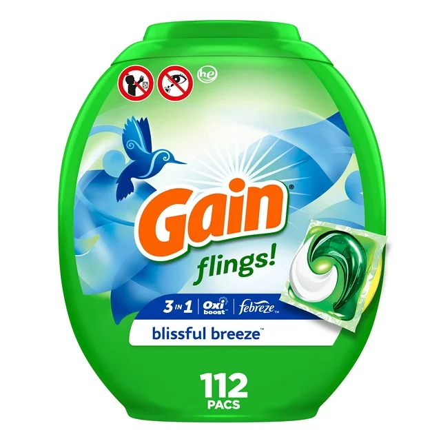 Gain flings! Laundry Detergent Soap Pacs, HE Compatible, 112 ct, Long Lasting Scent, Blissful Breeze