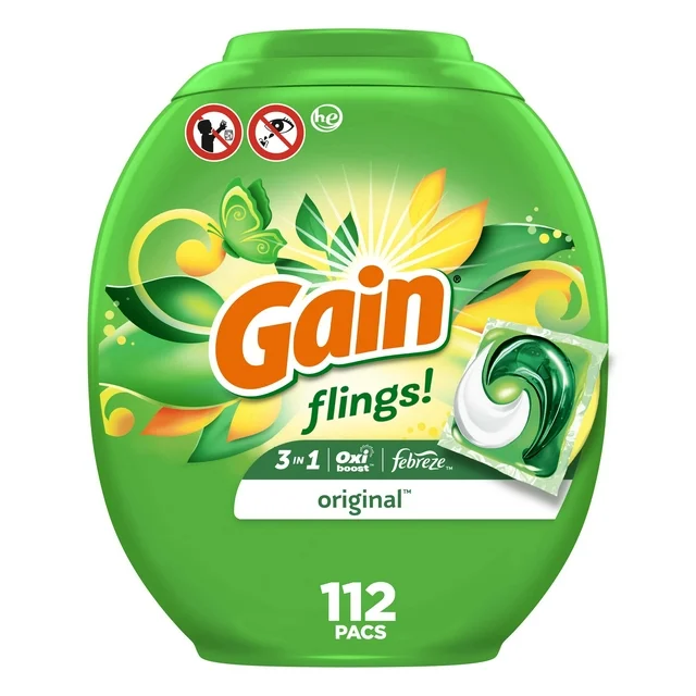 Gain flings Laundry Detergent Soap Pacs HE Compatible 112 ct Long Lasting Scent Original Scent