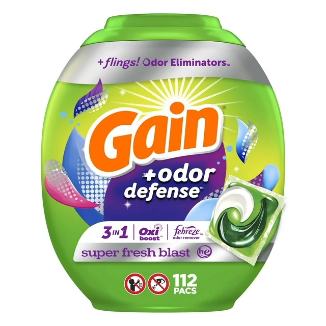 Gain Flings Laundry Detergent Soap Pacs with Odor Defense, Super Fresh Scent, 112 Count, 3 in 1 Laundry Pods with Febreze and Oxi