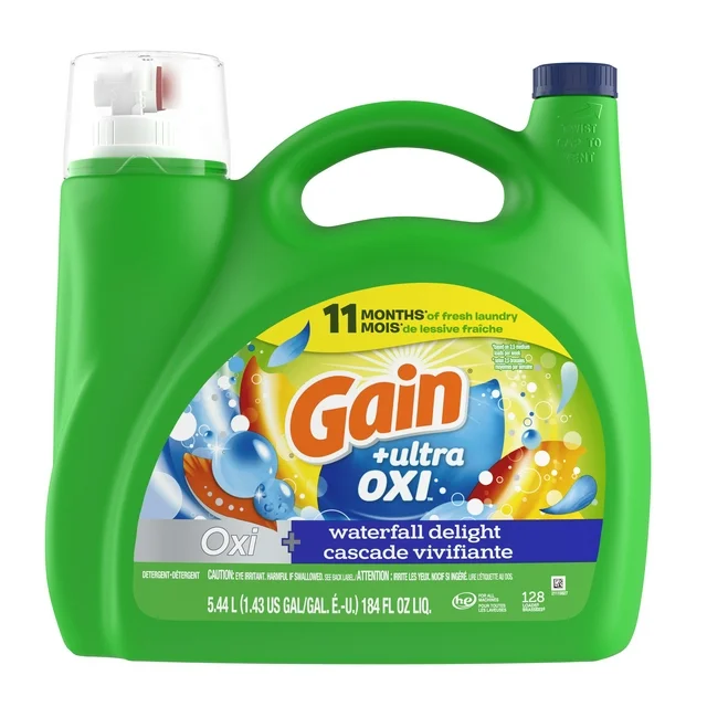 Gain Ultra Oxi Liquid Laundry Detergent, Waterfall Delight Scent, 184 fl oz, 128 Loads