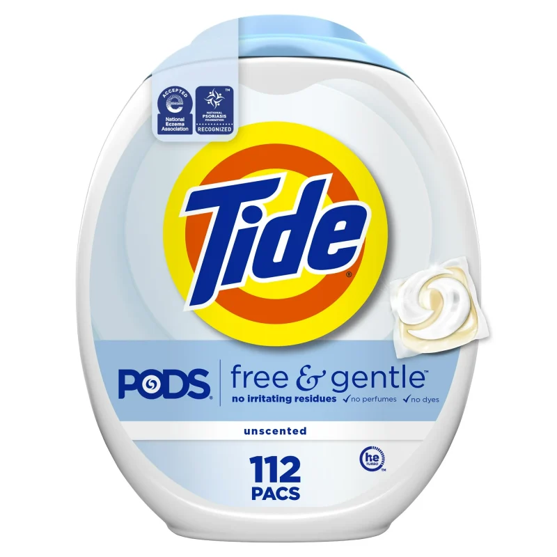 Tide PODS® Free and Gentle Liquid Laundry Detergent Pacs, Hypoallergenic, Unscented, 112 Count