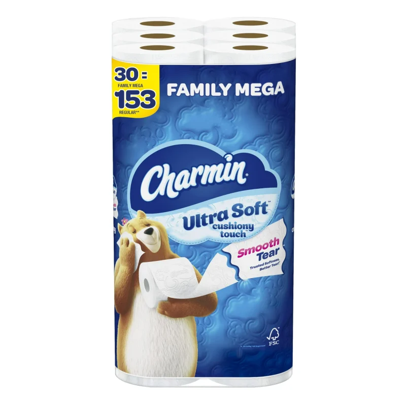 Charmin Toilet Paper Ultra Soft Cushiony Touch, 30 Family Mega Rolls = 153 Regular Rolls
