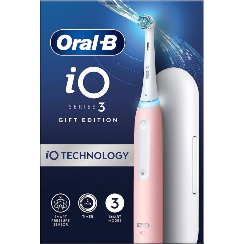 Oral-B iO3 Electric Toothbrush 1 Toothbrush Head & Travel Case, 3 Modes With Teeth Whitening - Pink