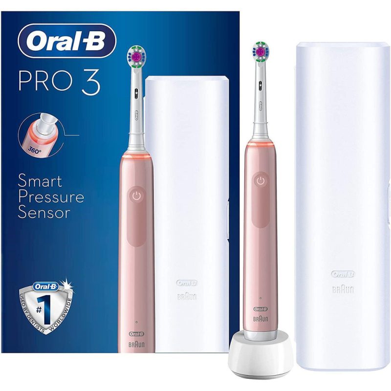 Oral-B Pro 3 - 3500 - Pink Electric Toothbrush, 1 Handle with Visible Pressure Sensor, 1 Toothbrush Head, 1 Travel Case
