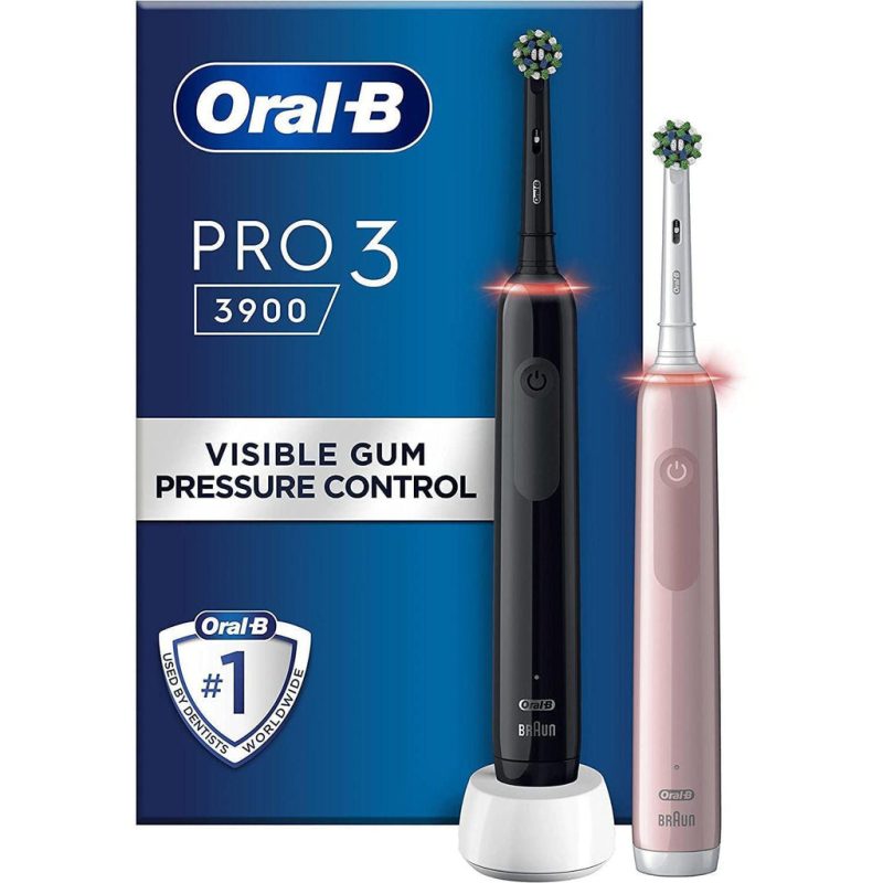 Oral-B Pro 3 - 3900 - Set of 2 Electric Toothbrushes Pink & Black, 2 Handles with Visible Pressure Sensor, 2 Toothbrush Heads