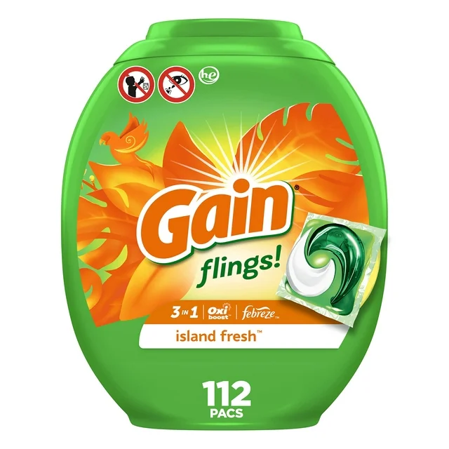 Roll over image to zoom in Gain Flings Liquid Laundry Detergent, Island Fresh Scent, 112 Count, HE Compatible