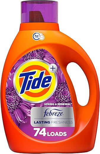 Tide Plus Febreze Freshness HE Turbo Clean Liquid Laundry Detergent, Spring & Renewal Scent, 105 fl oz, 74 loads (Packaging may vary)