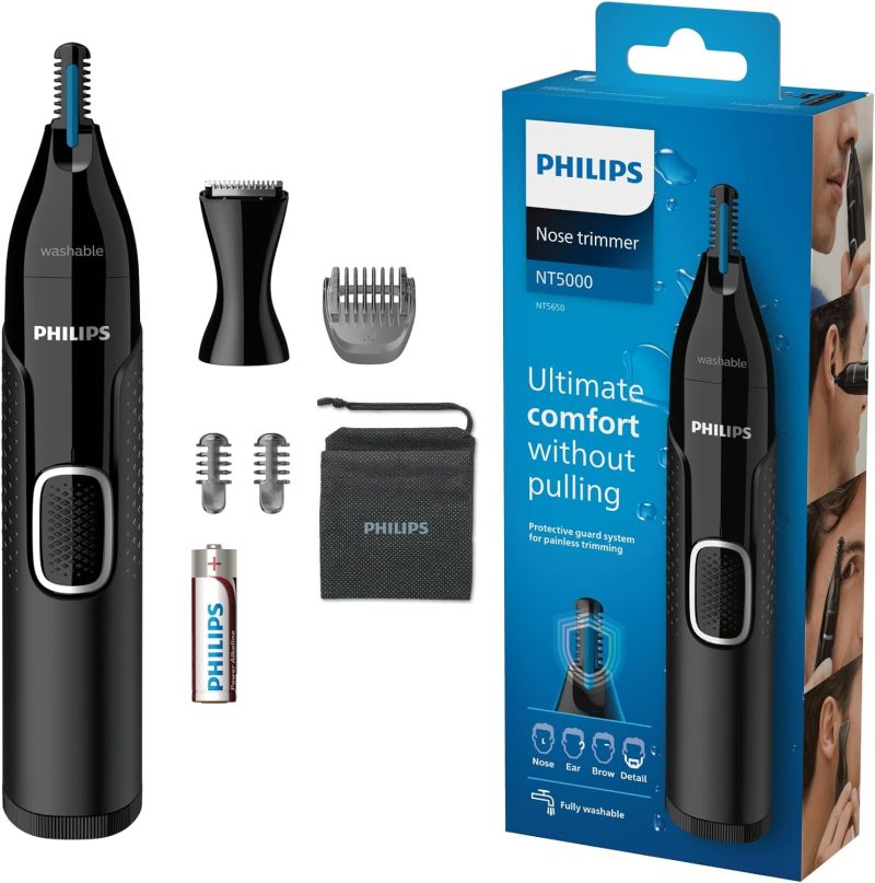 Philips Nose trimmer 5000 Series - Trim nose, ear and eyebrow hair - Fully washable - Skin protector - Stainless steel blades - Suitable for in the shower - Precision comb - Travel case - NT5650/16