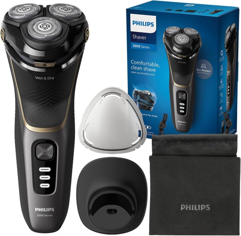 Philips Shaver S3000 Electric Wet&Dry Shaver, Men's Wet & Dry Shaver, SkinProtect Technology, Deployable Beard Trimmer, Charging Stand, Travel Case, Colour Deep Black (Model S3342/13)