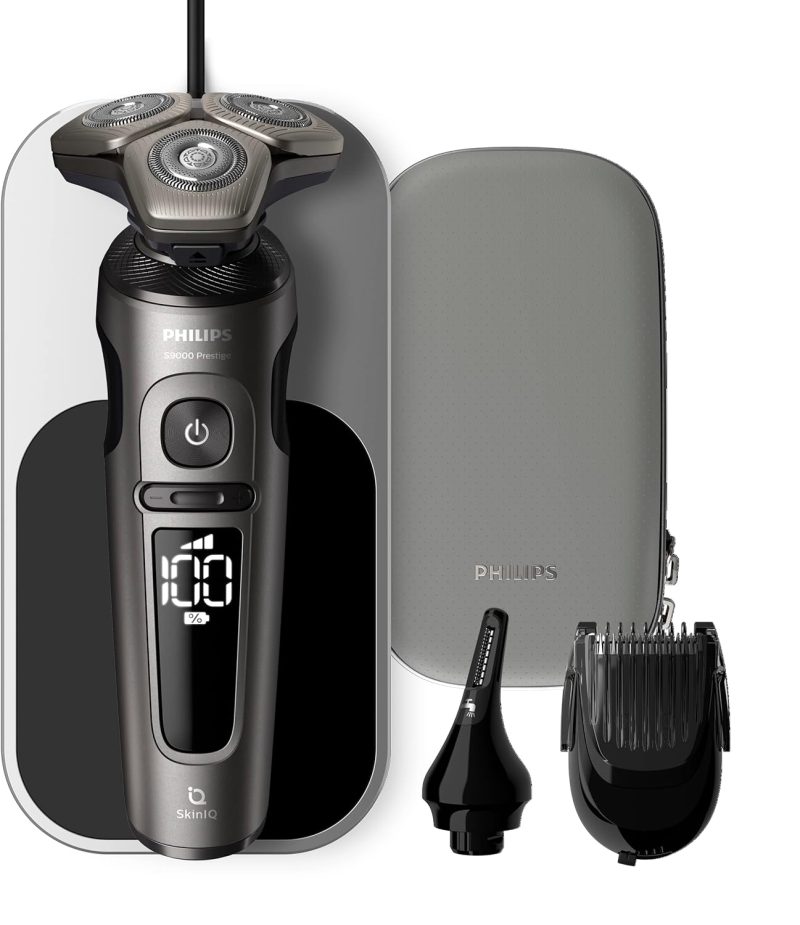 Philips Electric Shaver Series 9000 Prestige, Wet & Dry, Shiny Chrome, Lift & Cut Shaving System, SkinIQ Technology, Qi Charging Pad, Beard Styler, Nose Trimmer, Model SP9871/22