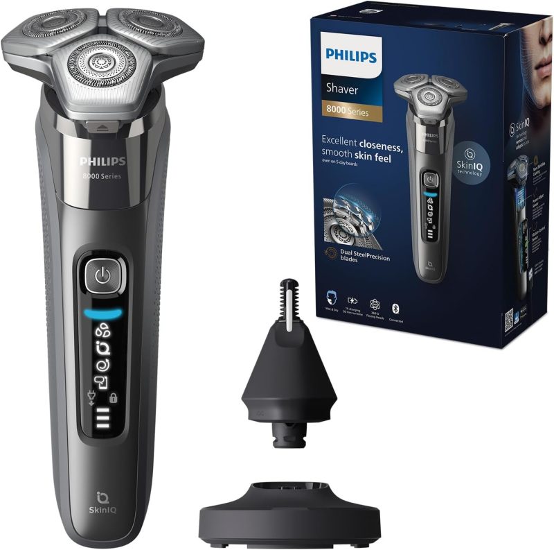 Philips Shaver Series 8000 – Electric Wet & Dry shaver with SkinIQ technology in dark chrome with 1 pop-up trimmer, charger, cleaning brush and nose trimmer (model S8697/23)