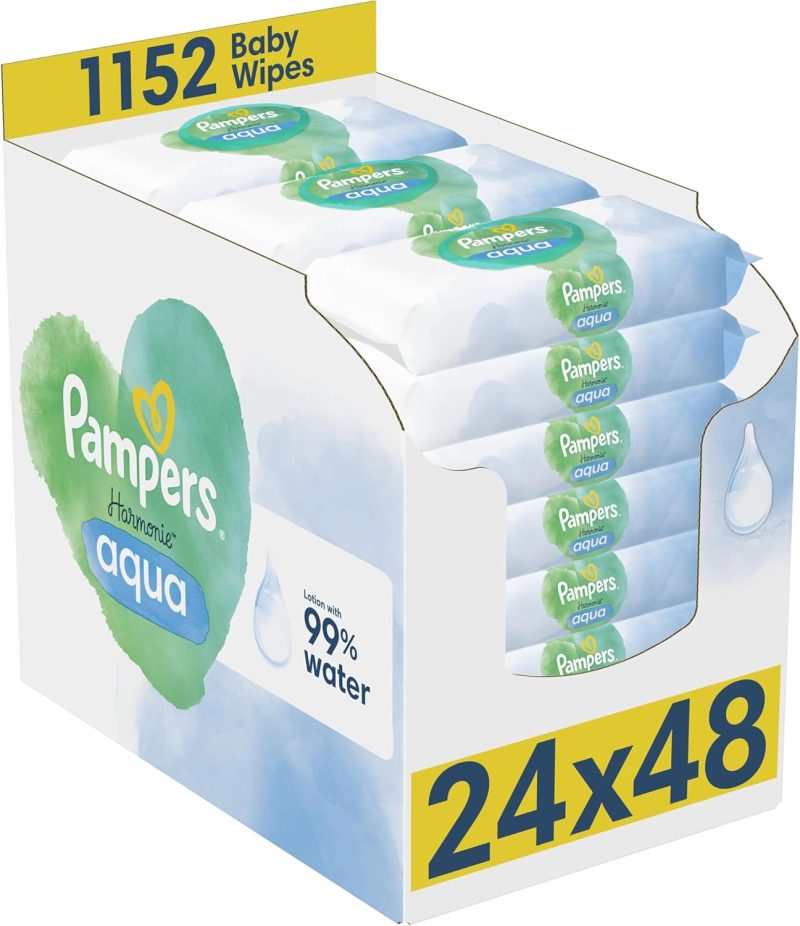 Pampers Harmonie Aqua Baby Wipes 24 Packs of 48 Wipes = 1152 Baby Wet Wipes, Help restore natural skin pH,delicate lotion with 99% water