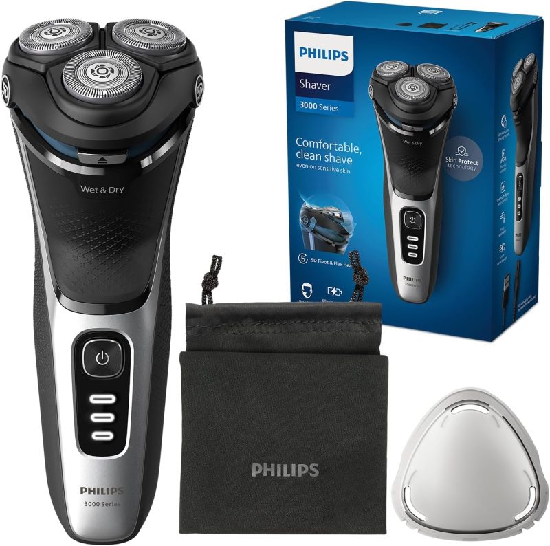 Philips Shaver Series 3000 - Men's Electric Wet & Dry Shaver, SkinProtect Technology, Deployable Beard Trimmer, Cordless Shaver with Travel Case, Colour Deep Black (Model S3241/12)