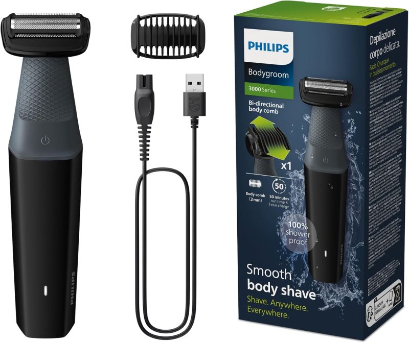 Philips Bodygroom Series 3000, showerproof body trimmer, close and comfortable shave, complete body care, 50 min. runtime (model BG3017/01)