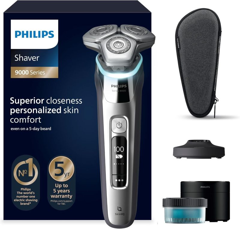 Philips Shaver S9000, Wet and Dry Electric Shaver, Lift and Cut and SkinIQ technology, Pop-up trimmer, Cleaning pod, Charging stand, Travel pouch, Chrome Silver, S9975/54