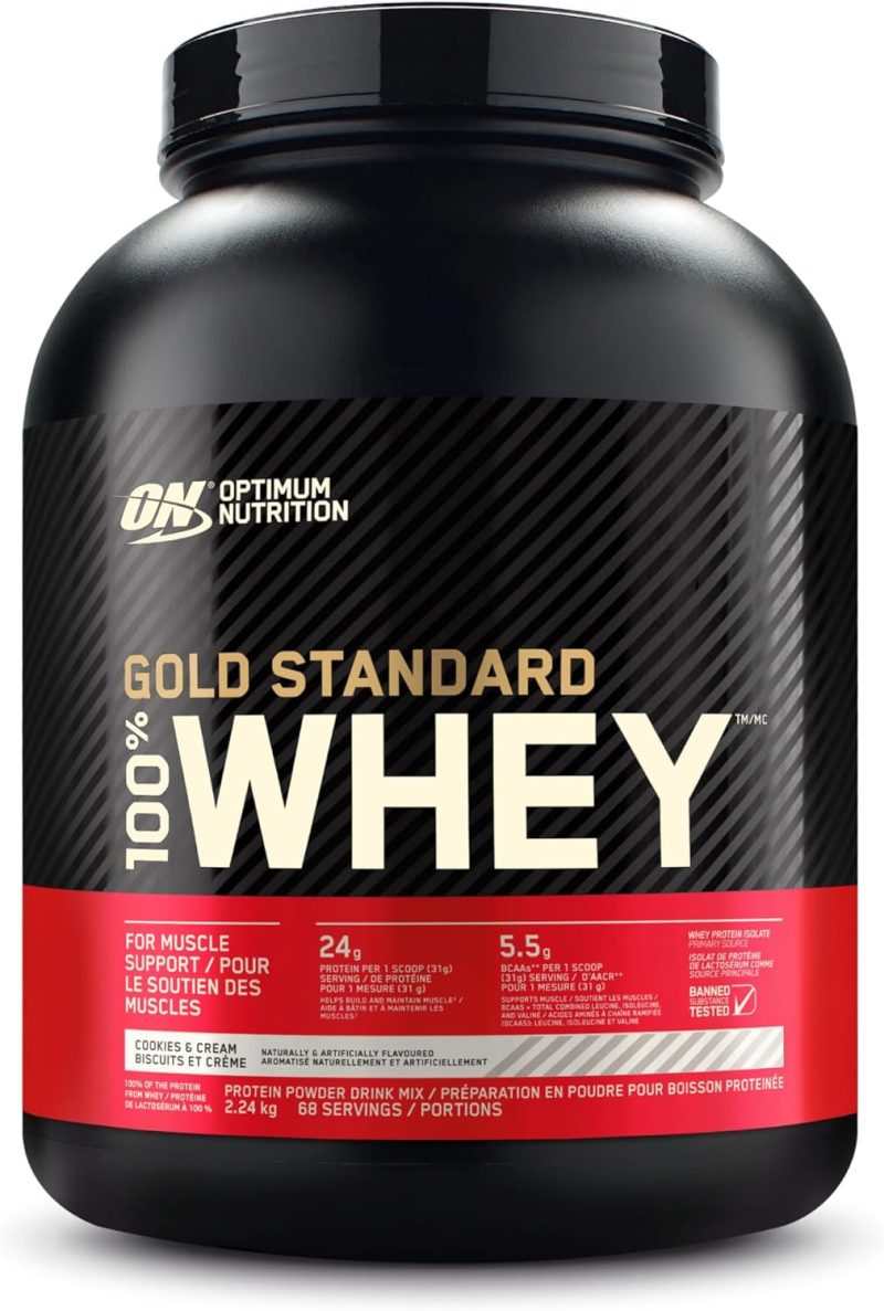 Optimum Nutrition Gold Standard 100% Whey Protein Powder, 2.270g - Cookies & Cream - 68 servings