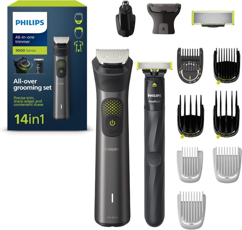 Philips Series 9000 14-in-1 trimmer + OneBlade, precision trimming, clean lines, comfortable shave, luxury pouch, extra OneBlade blade (model MG9550/15)