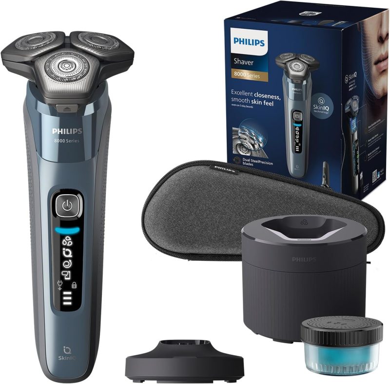 Philips Shaver Series 8000 – Electric Wet & Dry shaver with SkinIQ technology in ice blue, pop-up trimmer, charger, travel pouch and Quick Clean Pod (model S8692/55)