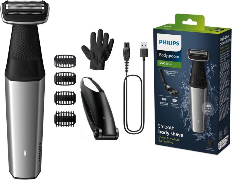 Philips Bodygroom Series 5000, showerproof body trimmer, close and comfortable shave, complete body care including back, 60 min. runtime (model BG5021/16)