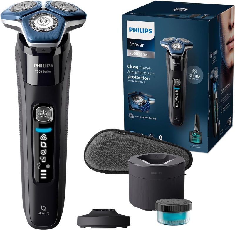 Philips Shaver Series 7000 - Electric Wet & Dry Shaver with SkinIQ technology, fold-out trimmer, charging stand, travel case and a Quick Cleanpod with 1 cartridge (model S7886/55)