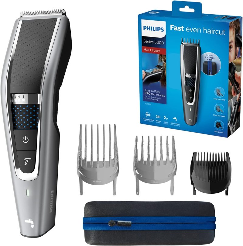 Philips Hairclipper series 5000 HC5650/15 Trim-n-Flow PRO Technology, 28 length settings, (0.5–28 mm), 90 min. cordless use/1 hour charge, 100% washable (Model HC5650/15)
