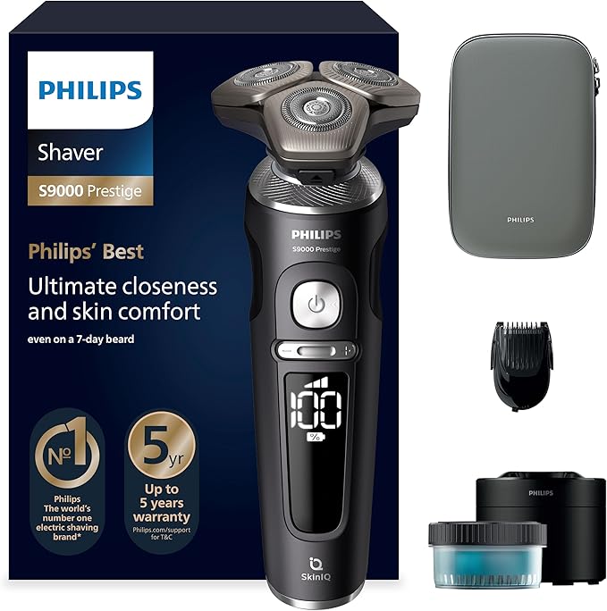 Philips Shaver Series 9000 Prestige, wet & dry electric shaver, matte black, Lift&Cut shaving system, SkinIQ technology, beard styler, cleaning station, premium pouch, model SP9840/31