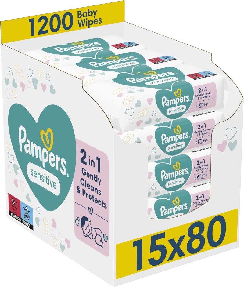 Pampers Sensitive Baby Wipes 15 Packs of 80 = 1200 Baby Wet Wipes, Unscented, For a Soft And Gentle Clean