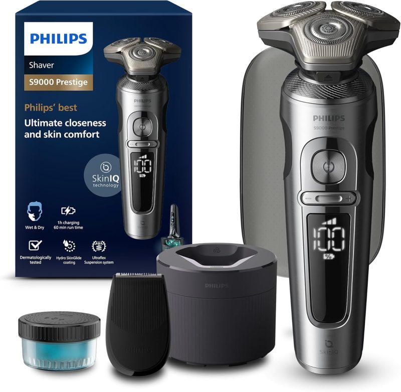 Philips Shaver S9000 Prestige, wet and dry shaver, Bright Chrome, Lift & Cut and SkinIQ technology, precision trimmer, cleaning pod and premium storage pouch, model SP9841/32