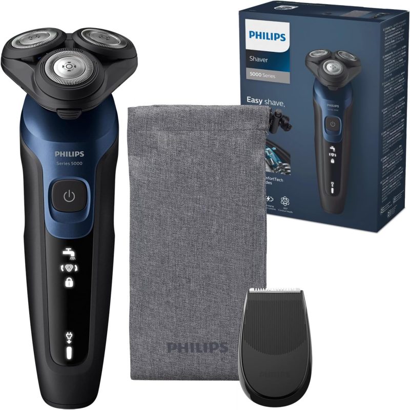 Philips Shaver Series 5000 - Wet & Dry Electric Men's Shaver in Metallic Blue with Precision Trimmer and Soft Pouch Travel Case (Model S5465/18)