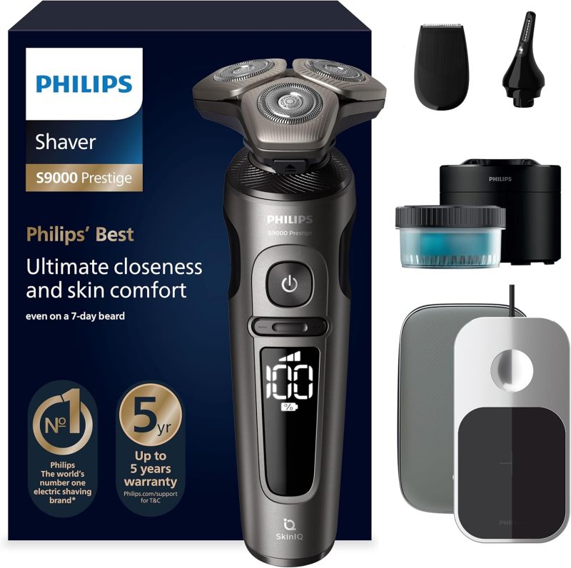 Philips Shaver S9000 Prestige, Wet & Dry Electric Shaver, Champagne Gold, SkinIQ technology, premium storage case, Qi charging pad, precision trimmer, nose trimmer cleaning pod, SP9882/36