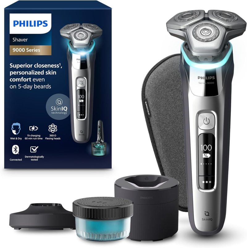 Philips Shaver Series 9000 - Wet and dry electric shaver, Lift and Cut, SkinIQ technology, pop-up beard trimmer, cleaning pod, charging stand and travel bag (model S9974/55)
