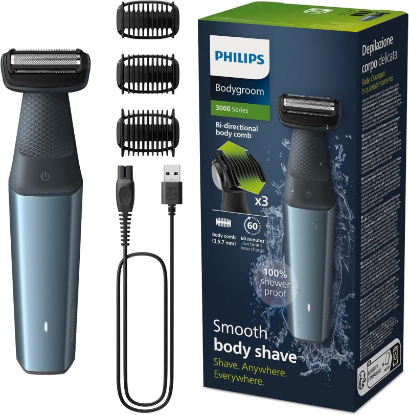 Philips Bodygroom Series 3000, showerproof body trimmer, close and comfortable shave, complete body care, 60 min runtime (model BG3027/03)