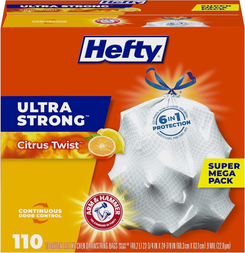 Hefty Ultra Strong Tall Kitchen Trash Bags, Citrus Twist Scent, 13 Gallon, 110 Count
