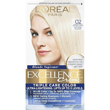 L’Oreal Paris Excellence Creme Permanent Triple Care Hair Color, 02 Extra Light Natural Blonde, Gray Coverage For Up to 8 Weeks, All Hair Types, Pack of 1