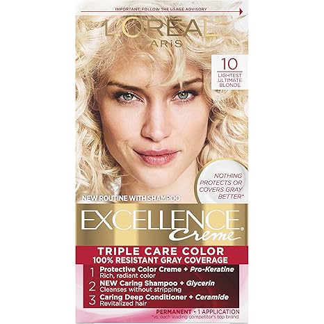 L’Oreal Paris Excellence Creme Permanent Triple Care Hair Color, 10 Lightest Ultimate Blonde, Gray Coverage For Up to 8 Weeks, All Hair Types, Pack of 1