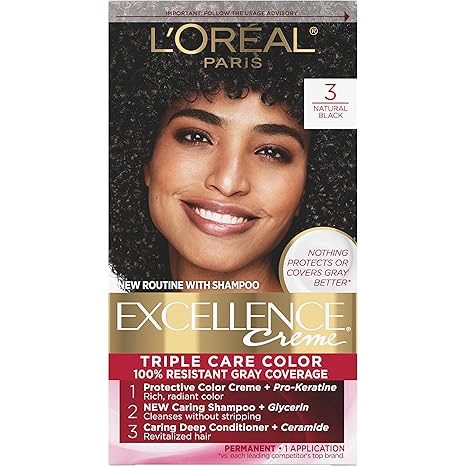 L’Oreal Paris Excellence Creme Permanent Triple Care Hair Color, 3 Natural Black, Gray Coverage For Up to 8 Weeks, All Hair Types, Pack of 1